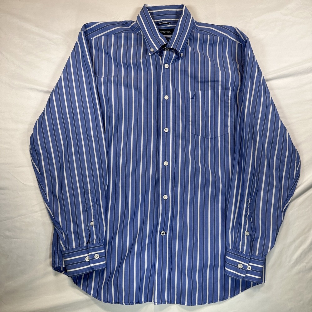 Nautica Button Down Striped Shirt - Men's Size L - Blue / White - 100% Cotton